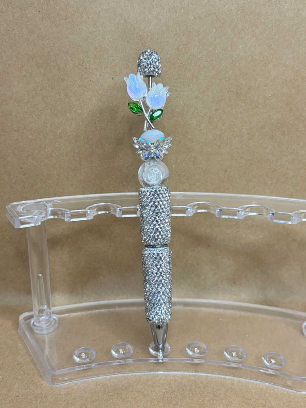 Crystal Floral Ballpoint Pen in Silver with Opalescent Accents